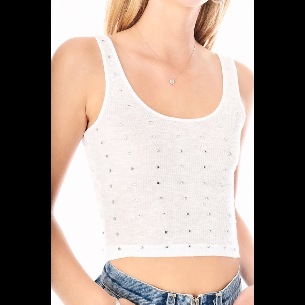 Cropped white tank with silver rhinestones!
